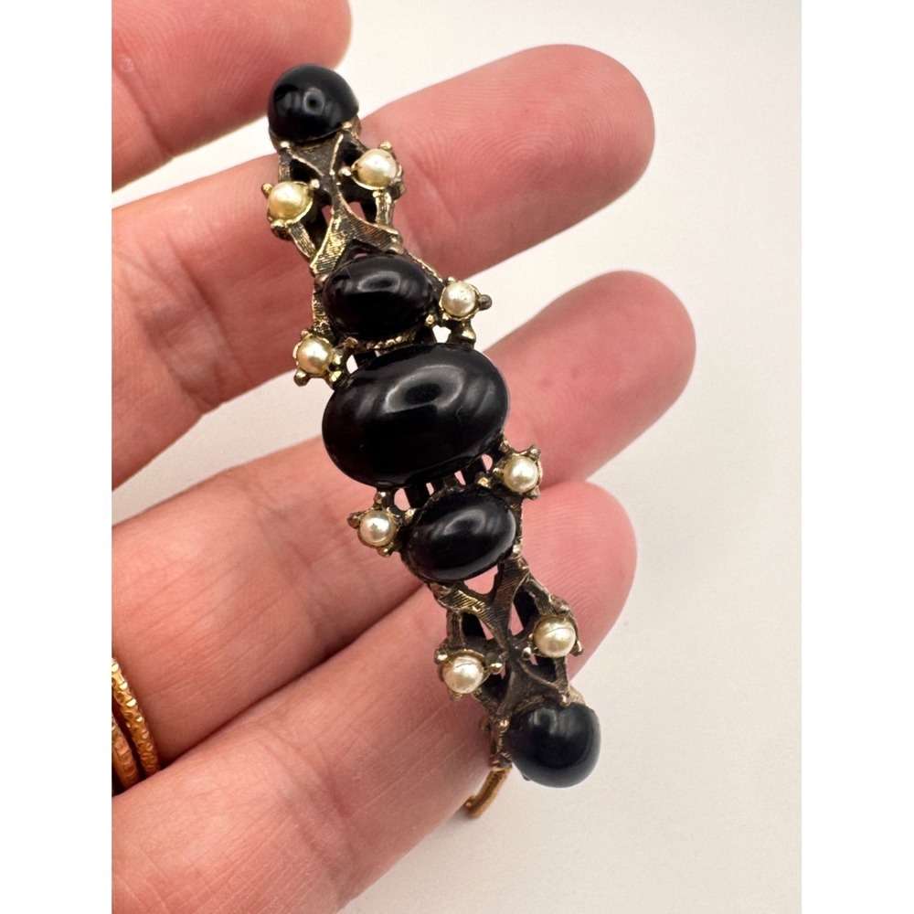 Vintage Black Bracelet Hinged Cuff Embossed Floral Back Victorian Revival